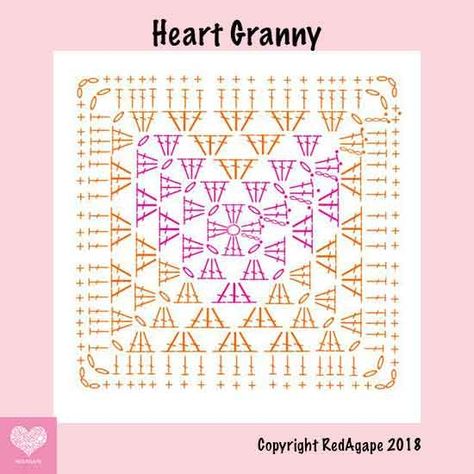 Crochet Heart Granny pattern diagram by RedAgape. Crochet Wedding Dress Pattern, Crochet Tunic Pattern, Crochet Backpack Pattern, Corak Bunga, Knitting Patterns Free Hats, Crochet Stitches Video, Crochet Patterns Free Blanket, Crochet Square Patterns, Granny Squares Pattern