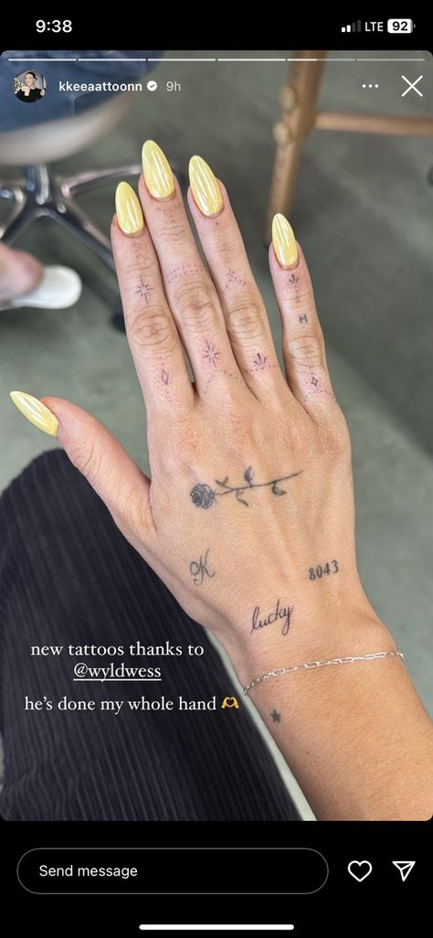 Finger Tattoos Meaningful, K Hand Tattoo, Stick And Poke Hand Tattoo Ideas, Small Niche Tattoos, 1999 Hand Tattoo, Girly Hand Tattoos Ideas, Soft Hand Tattoos For Women, Hand Tattoos For Women Minimalist, Petite Hand Tattoos