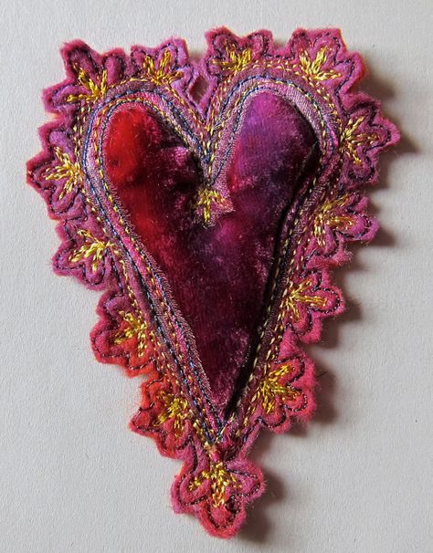 Fabric Brooch, Fabric Hearts, Crazy Quilting, Felt Heart, Red Thread, Heart Crafts, Handmade Heart, Heart Brooch, Textile Jewelry