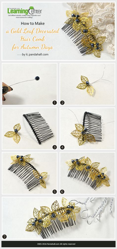 How to Make a Gold Leaf Decorated Hair Comb for Autumn Days from LC.Pandahall.com Diy Hair Comb, Beaded Hair Combs, Beaded Hair Pins, Beaded Hair Clips, Bead Hair Accessories, Handmade Crystal Jewelry, Bride Headband, Making Hair, Autumn Days