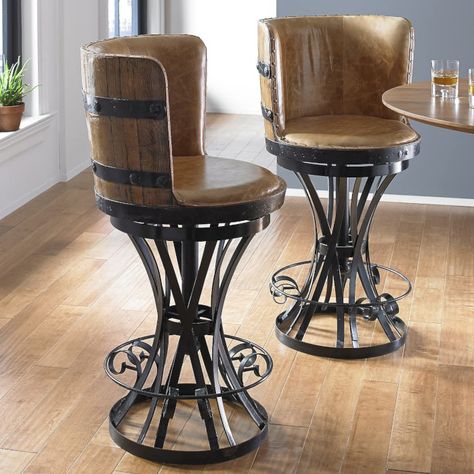 These Barrel Bar Stools Are Perfect For Any Rustic Home Bar Barrel Bar Stools, Rustic Home Bar, Bar Furniture Design, Wine Barrel Chairs, Stool Diy, Wine Barrel Bar, Wine Barrel Table, Wine Barrel Furniture, Barrel Bar