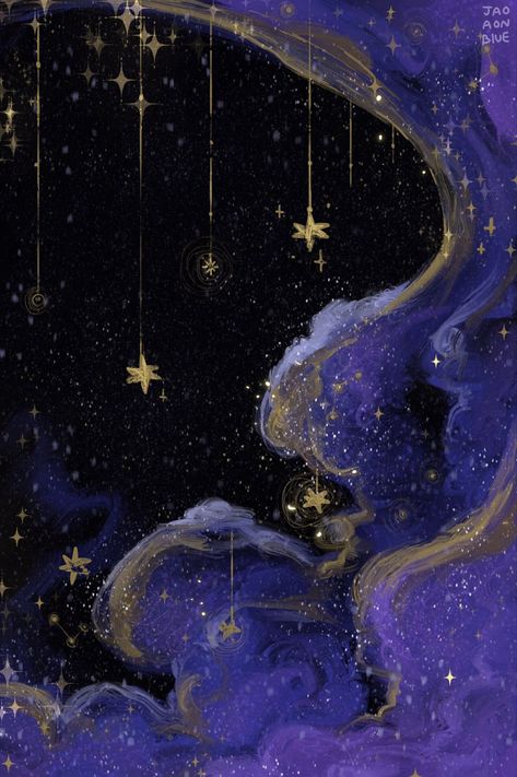 Dark Blue Astrology Aesthetic, Whimsigoth Aesthetic Art, Ipad Home Wallpaper Aesthetic, Whimsigoth Moon Art, Star Fantasy Aesthetic, Whimsigoth Phone Background, Dreamy Drawing Ideas, Moon Banner Aesthetic, Celestial Macbook Wallpaper