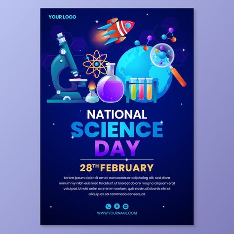 Gradient national science day vertical p... | Free Vector #Freepik #freevector #poster #template #education #science Science Fair Poster Design, Science Event Poster, Science Day Poster Design, National Science Day Poster, Science Poster Design, Science Day Poster, 3d Poster Design, School Event Poster, Science Banner