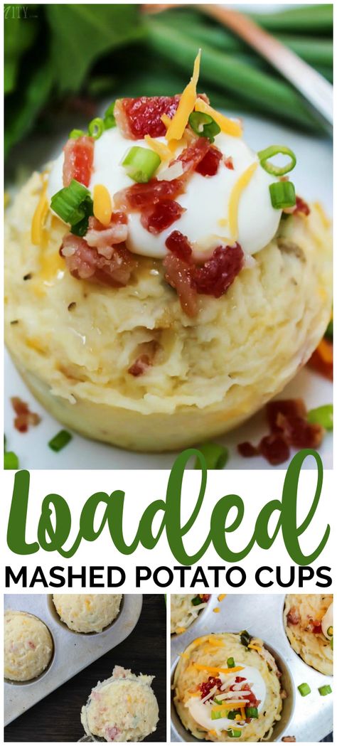 These Loaded Mashed Potato Cups are perfect for holiday gatherings. Easy to serve & prepare and are loaded with everything that is good - bacon and cheese. Mashed Potato Cupcake, Mini Mashed Potato Cups, Loaded Mashed Potato Cups In A Muffin Tin, Loaded Potato Cups, Mash Potato Appetizer, Loaded Mashed Potato Bites, Loaded Mashed Potato Cups, Loaded Potato Bites Appetizers, Mashed Potato Cupcakes