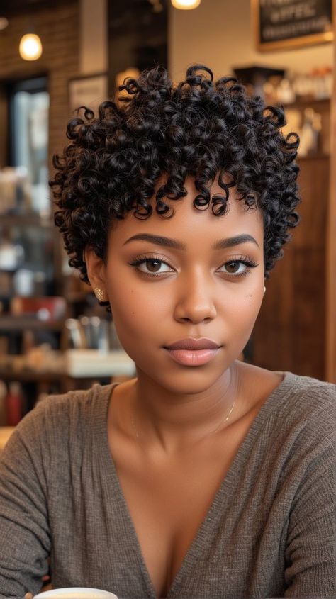 Short Hairstyle Women Curly Hair Black, Heart Shaped Curly Haircut Black Women, Natural Short Black Hairstyles, Pixie Haircut For Heart Shaped Faces, Haircut Black Women Natural, Short Curly Hair Oval Face, Short 3c Curly Hair Pixie Cuts, Short Black Curly Hairstyles, Short Curly Pixie Cut Black Women