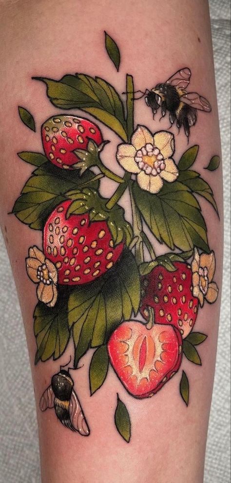 Tattoo Watermelon Tattoo, Peach Tattoo, Strawberry Tattoo, Fruit Tattoo, Food Tattoos, Bug Tattoo, Tasteful Tattoos, Vine Tattoos, Blossom Tattoo