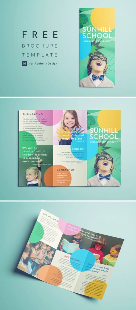 Free School Brochure Template - Tri-fold Colorful Brochure Template for InDesign - Free Download School Pamphlet Design Creative, Four Fold Brochure Design, Education Pamphlet Design, Brochure Design Education, Colorful Layout Design, Educational Flyer Design, Education Brochure Design, Brochure Education, School Flyer Design