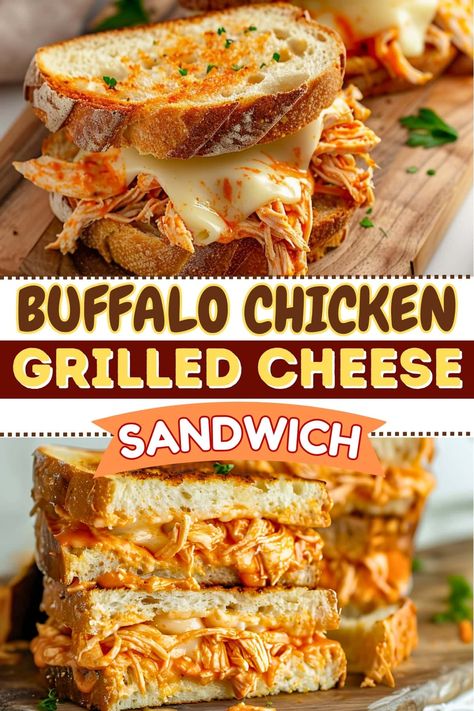 This buffalo chicken grilled cheese sandwich is a flavor explosion of spicy sauce, melty cheese, and juicy shredded chicken. It's messy, but oh-so-worth it! Easy Lunch Ideas With Shredded Chicken, White Bbq Chicken Sandwich, Chicken Grilled Cheese Recipes, Shredded Chicken Panini, Easy Buffalo Chicken Sandwich, Buffalo Chicken Grilled Cheese Sandwich, Buffalo Grilled Cheese, Chicken Shredded Sandwich, Chicken Sourdough Sandwich