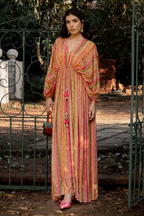 Buy Paulmi and Harsh Multi Color Crepe Vintage Striped Pattern Kaftan Online | Aza Fashions Couture, Kimonos, Resham Work Embroidery, Chifon Dress, Paulmi And Harsh, Kaftan Pattern, 1950’s Fashion, Kaftan Designs, Resham Work