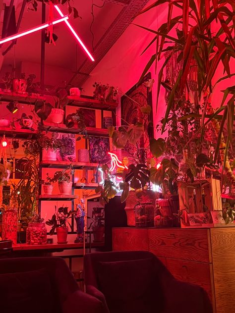 Industrial Neon Interior, Plants And Neon Lights Bedroom, Plants And Neon Lights, Neon And Plants, Neon Forest Aesthetic, Neon House Aesthetic, Plant Filled Apartment, Neon Cottagecore, Cyberpunk Aesthetic Room