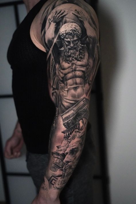 A Greek Mythology inspired full sleeve, realism tattoo done by Hans at Silverback Tattoo in Mol, Belgium. #greektattoo #greekmythologytattoo #realismtattoo #blackandgreyrealism #tattooinspiration #greektattooinspiration God Of Strength Tattoo, Greek Mythology Tattoos Filler, Greek Arm Tattoos For Men, Best Realistic Tattoo, Greek Full Sleeve Tattoo, Geek Mythology Tattoo, Greek Shoulder Tattoo, Sleeve Tattoo Greek Mythology, Greek Mythology Tattoos Forearm