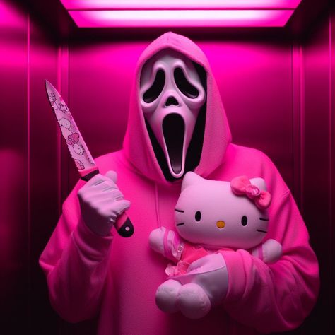 Ghost Face And Hello Kitty, Hello Kitty X Ghostface, Hot Ghost Face Wallpaper, Hot Ghost Face Fan Art, Halloween Pfp Girl, Ghost Face Hello Kitty, Scream Hello Kitty, Scary Pfps, Ghost Face Cute