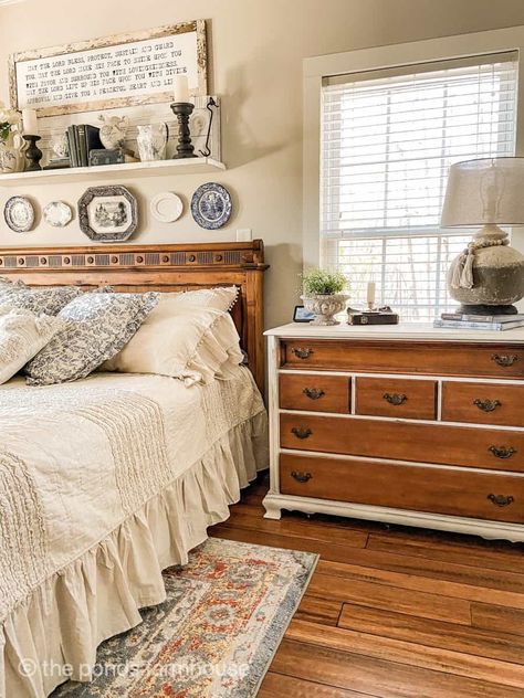 Vintage chest transformed in 3 easy steps.  Thrift Store Furniture Find. Vintage Farmhouse Bedroom, Farmhouse Bedrooms, Thrifted Decor, Spring Bedroom, Bedroom Redo, King Size Pillows, Cottage Bedroom, Vintage Bedroom, Boho Farmhouse