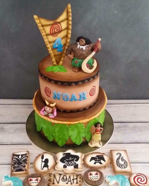 Moana Tafiti Birthday Cake, Maui Themed Birthday Party For Boys, Maui Birthday Party For Boys, Maui Cake, Ranch Cookies, Moana Cookies, First Birthday Theme Boy, Tropical Birthday Cake, 3rd Birthday Party For Boy