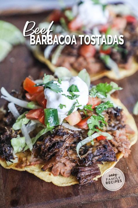 Beef Tostadas Recipes, Beef And Bean Tostadas, Barbacoa Dinner Ideas, Steak Tostada Recipes, Tostada Recipes Beef, Tostados Recipe Beef, Shredded Beef Tostada Recipes, Shredded Beef Tostadas, Sheet Pan Tostadas