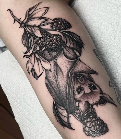 15 Bat Tattoo Designs That Will Make You Fly High Bug Tattoo Blackwork, Halloween Quarter Sleeve Tattoo, Black And Grey Bat Tattoo, Shoulder Bat Tattoo, Cute Bat Tattoos For Women, Bat Tattoo Sleeve, Bat Sleeve Tattoo, Leg Tattoo Ideas Women, Bat Hanging Upside Down Tattoo