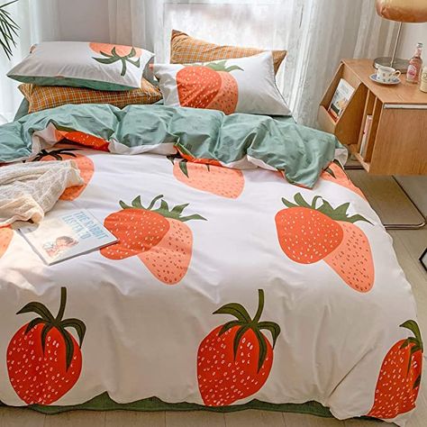 Red Kids Rooms, Girls Single Bed, Purple Violet Flower, Cottagecore Bedroom Ideas, Cartoon Strawberry, Cottagecore Bedroom, Bunny White, White Fruit, Kids Duvet