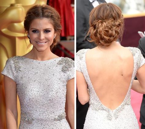 Bridesmaids's hair front/back Hair Styles For Backless Dress, Backless Dress Hairstyles, Oscars Hair, Wedding Guest Updo, Oscar Hairstyles, Hair Front, Oscars 2014, Pageant Hair, Maria Menounos