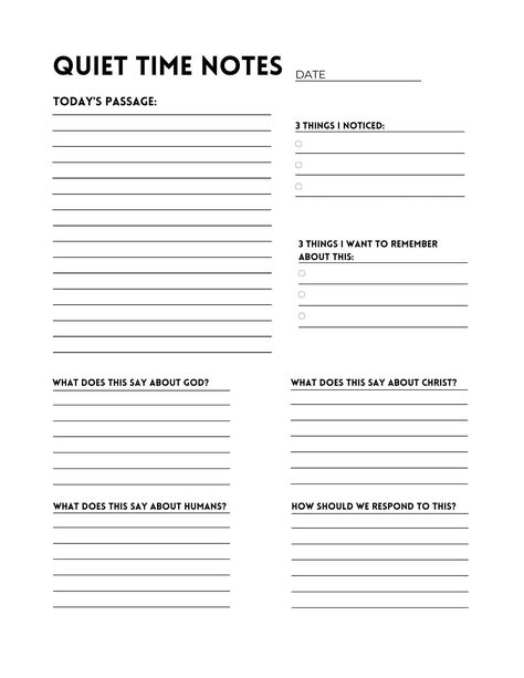 A clean and simple notes template to help organize your quiet time when doing a Bible Study. Perfect for men or women, this sheet will help you organize your thoughts after reading and studying a passage, chapter, or verse of the bible. This worksheet is an excellent supplement to any reading plan or existing study, is new and life long believer friendly. Once purchased, print as many times as you want for as many uses as you need. This worksheet follows the God, Man, Christ, Response model of Bible Study, and is applicable to any book, chapter, or passage of the bible.  Some suggested uses are: -Discipleship -Small Group Study -Church Group Study -Personal Quiet time -Bible Study Please note, is a digital product, and you will not be mailed any physical copy. However, once you own the fil Bible Journal Template, Bible Activity Sheets, Printable Bible Study, Bible Study Template, Bible Study Worksheet, Learn The Bible, Bible Study Printables, Bible Study Help, Bible Journal Notes