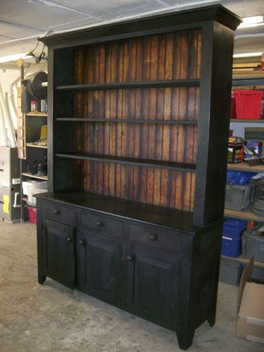 Replace the back of any piece of furniture with weathered or treated wood Black Hutch, Painted Hutch, Muebles Shabby Chic, Barnwood Furniture, Painting Wood Furniture, Furniture Black, Primitive Furniture, Refurbished Furniture, Reclaimed Barn Wood