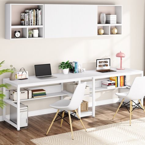 Double Office Desk, Small Home Office For Two, Double Desk Home Office, Home Office For Two People, Long Office Desk, Double Office, Desk With Bookshelf, Desk For Two, Two Person Desk