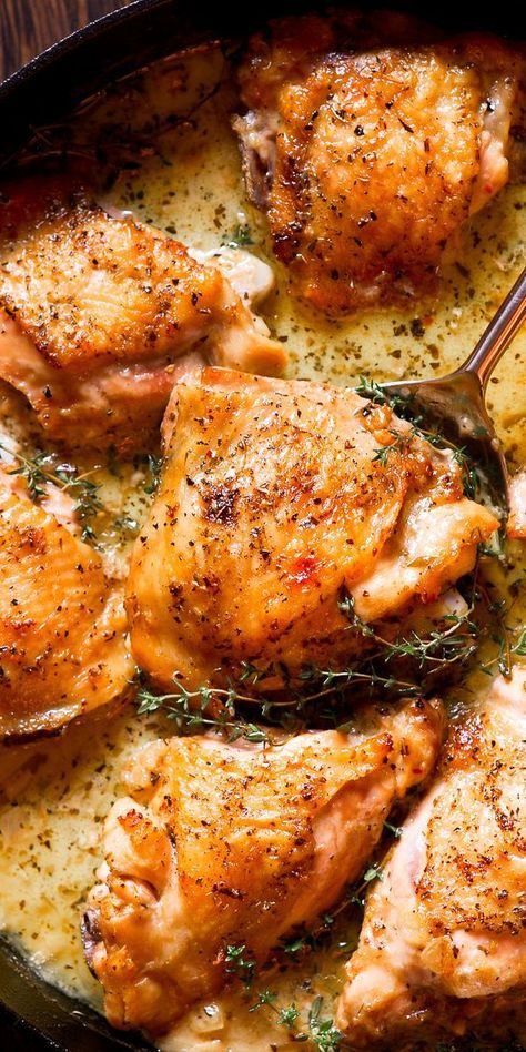 Herb Roasted Chicken in Creamy White Wine Sauce #chicken #dinner Herb Roasted Chicken Thighs, Creamy White Wine Sauce, Roasted Chicken Thighs, Herb Roasted Chicken, White Wine Sauce, Roast Chicken Recipes, Baked Chicken Thighs, Wine Sauce, Dinner Food