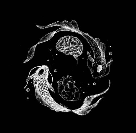 Koi Wallpaper, Jing Y Jang, Heart Project, Yin Yang Koi, Yin Yang Art, Yin Yang Tattoos, Sketching Art, Hollow Art, Illustration Sketchbook