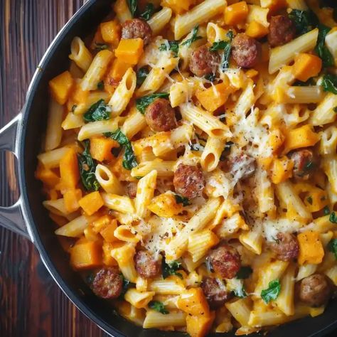 Creamy Butternut Squash Pasta with Sausage - Better Homebase Butternut Squash Pasta With Sausage, Butternut Squash Sausage Pasta, Asiago Chicken Pasta, Autumn Pasta, Creamy Butternut Squash Pasta, Italian Sausage Recipes Pasta, Sausage Meals, Butternut Squash Recipes Pasta, Butternut Squash Sausage