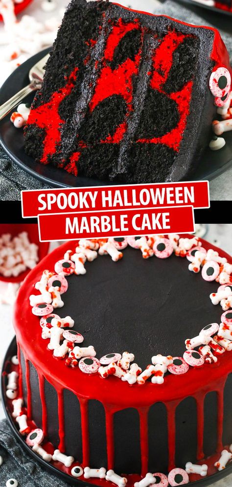 This is the perfect Spooky Halloween Marble Cake for your Halloween parties! The red and black marble cake is decorated with drippy red “blood” with bloody bones and bloody eyeball sprinkles! Black And Red Marble Cake, Halloween Cakes Scary, Vampire Desserts, Eyeball Sprinkles, Black Marble Cake, Vampire Cake, Spooky Foods, Goth Cakes, Halloween Cooking