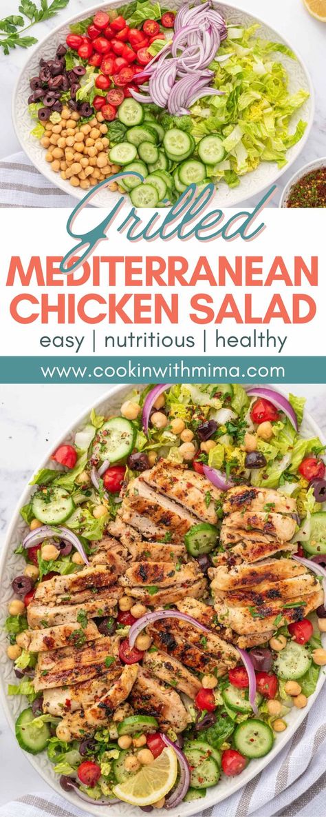 This Grilled Mediterranean Chicken Salad has so much flavor and I guarantee you will enjoy every crisp and delicious bite. The marinade features ingredients like lemon juice, red wine vinegar, and honey, and it also doubles as our salad dressing. Making this tasty recipe will give life to your everyday lunches! Chicken Mediterranean Salad, Mediterranean Salad With Chicken, Mediterranean Chicken Salad Recipes, Mediterranean Chicken Marinade, College Cookbook, Mediterranean Chicken Salad, Marinated Salad, Mediterranean Salad Recipe, Mediterranean Grilled Chicken