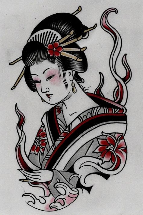 Tattoo idea: tattoo sketch A geisha with a kimono that displays mov 1 Geisha With Umbrella Tattoo, Geisha Tattoo Back Piece, Geisha Girl Tattoo Design, Chinese Opera Tattoo, Japanese Tattoo Designs Geisha, Woman Dragon Tattoo, Japanese Tattoo Art Geisha, Japanese Tattoo Geisha, Dragon Tattoo On Shoulder