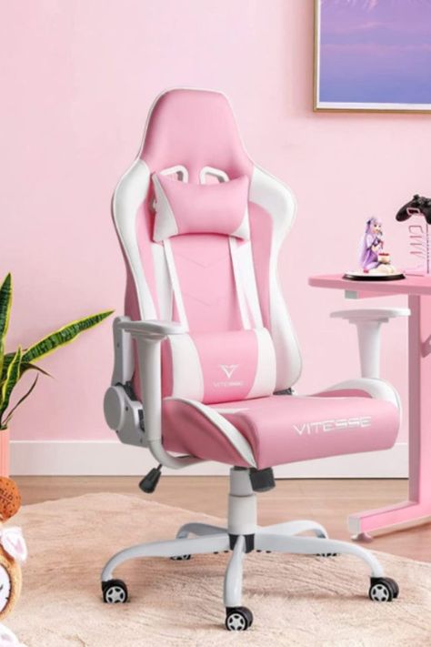 Pink And White Office, Pink Gaming Chair, Girly Pink Bedroom, Pink Desk Chair, Gamer Chair, White Office Chair, Pink Games, Pink Room Decor, Bedroom Games