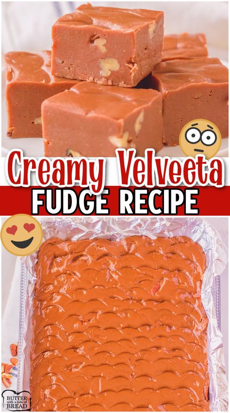 Creamy Velveeta Fudge recipe with amazing flavor & smooth texture! Made with velveeta! Yep! It's easy to make and combines two favorite ingredients: chocolate and cheese. What's not to love? Velvets Cheese Fudge, Easy Creamy Fudge Recipe, Velvetta Fudge, Velveta Cheese Recipes, Velveeta Fudge Recipe, Mexican Fudge Recipe, Cheese Fudge Recipe, Creamy Fudge Recipe, Velveeta Fudge