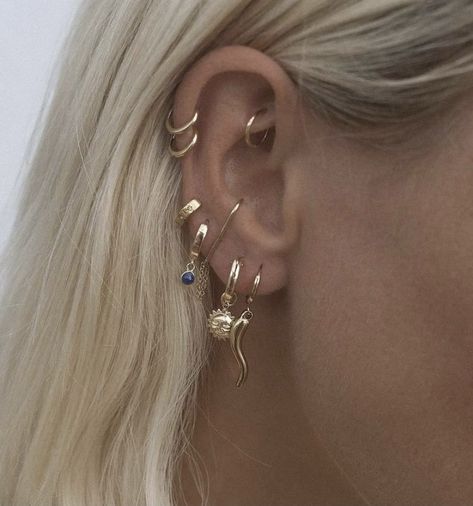 Bunch Of Ear Piercings, Piercing Conch, Chunky Gold Hoop Earrings, Pretty Ear Piercings, Piercing Tragus, Stacked Earrings, Dope Jewelry, Nail Jewelry, Jewelry Lookbook