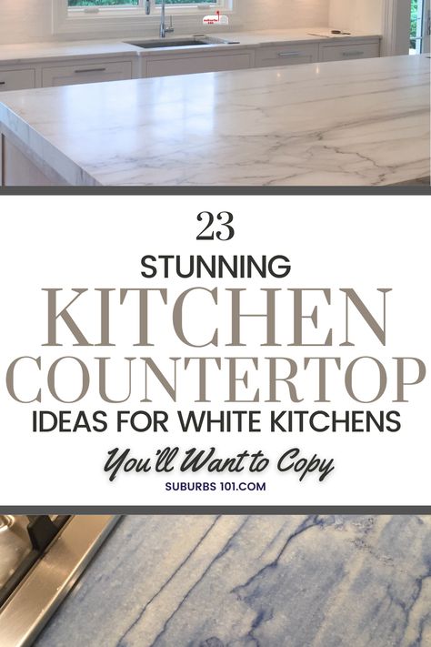 You'll want to copy these stunning kitchen countertop ideas! They will inspire your home renovation project. Whether you're drawn to the classic elegance of marble countertops, the rustic charm of butcher block countertops, the durability of marble-like quartz countertops, the modern look of black countertops, here are my favorite kitchen countertop designs that will make your home look luxurious. You'll find lots of kitchen counter ideas including kitchen island countertop ideas. Backsplash For White Marble Countertops, Kitchen Island Dark Countertop, 36 Inch Sink Kitchen, Cement Look Countertops, All White Marble Kitchen, Butcher Block Island And Quartz Countertops, Kitchen Countertops With White Cabinets Quartz Carrara Marble, White Cabinet Countertop Combinations, Off White Kitchen Cabinets With Quartz Marble Countertops