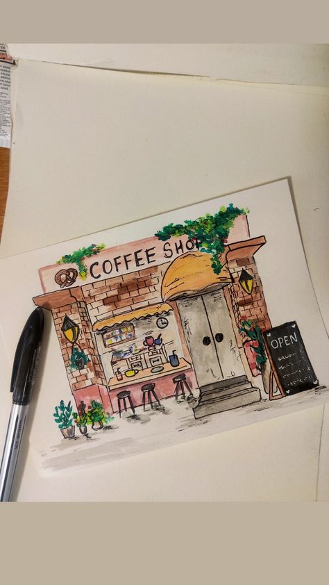 Coffee Shop Watercolor, Aesthetic Draw, Building Drawings, Small Coffee Shop, Building Drawing, Pinterest Diy Crafts, Pinterest Diy, Watercolor Sketchbook, Cat Air