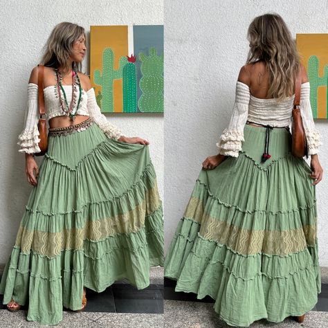 Boho Green Lace Trim Skirt,2 Piece Set Top and Skirt,smocked Top,bell Sleeves Lace Trim Crop Top,maternity Top and Skirt for Photoshoot. - Etsy Boho Long Skirt Outfit, Boho Clothing Style, Gypsycore Fashion, Lace Trim Skirt, Skirt 2 Piece Set, Bohemian Outfits, Vestidos Boho, Long Skirt And Top, Chique Outfit