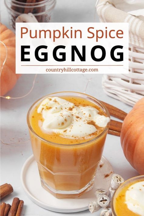 Give classic eggnog a twist with this delicious and rich homemade pumpkin eggnog recipe! It’s the perfect holiday drink to celebrate the festive season with your family and friends! Made with pumpkin puree and cozy spices, the recipe is easy and an absolute treat! Pumpkin puree adds to the wonderful creaminess of this drink. Combined with pumpkin pie spice, it’s just another level of cozy goodness. It’s the perfect cozy beverage for Thanksgiving and Christmas. | CountryHillCottage.com Pumpkin Spice Eggnog, Spiced Eggnog Drinks, Pumpkin Spice Eggnog Recipe, Pumpkin Eggnog Recipe, Non Alcoholic Eggnog Recipe, Pumpkin Eggnog, Homemade Eggnog Recipe, Holiday Coffee Drinks, Fresh Pumpkin Recipes