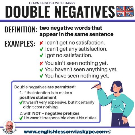 Speak Better English, Double Negative, Sentence Examples, English Vinglish, Negative Words, Other Ways To Say, Better English, Advanced English, English For Kids