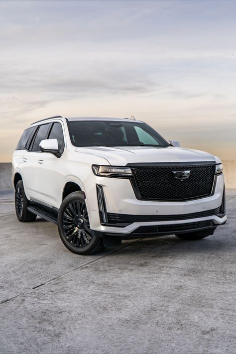 White 2022 Cadillac Escalade with custom chrome delete trim and blackout parts. White Escalade, Mom Cars, Future Board, Shingle House, Wallpaper Car, Dream Vehicles, High End Cars, Mom Car, Future Cars