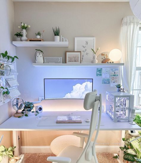 Games Room Inspiration, Cozy Desk, Study Room Design, Gamer Room Decor, Cozy Home Office, White Desk, Office Room Decor, Study Room Decor, Gaming Room Setup