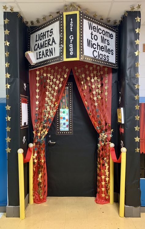 Hollywood Back To School Theme, Movie Theater Door Decoration, Movie Theater Signs Diy, Movie Theatre Decorations, Movie Theme School Decorations, Movie Theme Classroom Ideas, Red Carpet Trunk Or Treat, Drama Room Ideas School, Movie Themed Decor