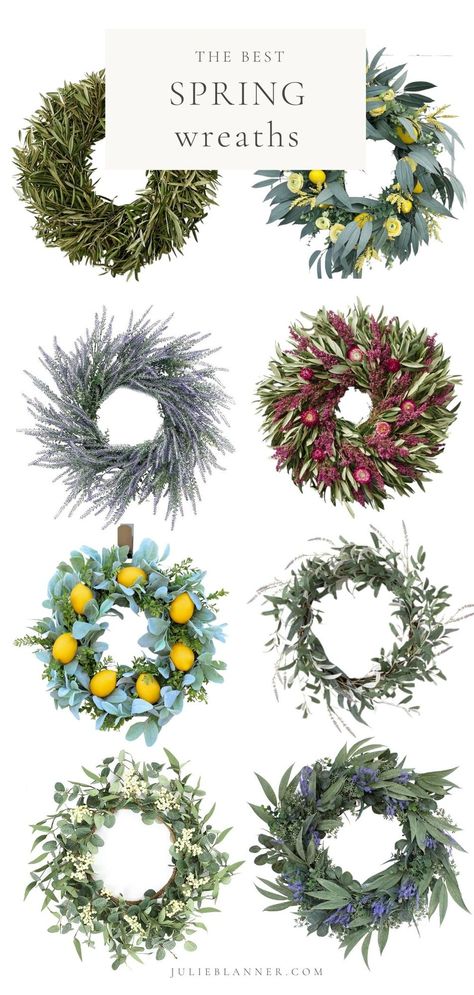 12 of the Best Spring Wreaths | Julie Blanner Simple Green Wreath Front Doors, Wreath Above Fireplace, Heather Wreath, Spring Wreath For Front Door, Dried Wreath, Julie Blanner, Wreath Indoor, Bright Decor, Spring Outdoor