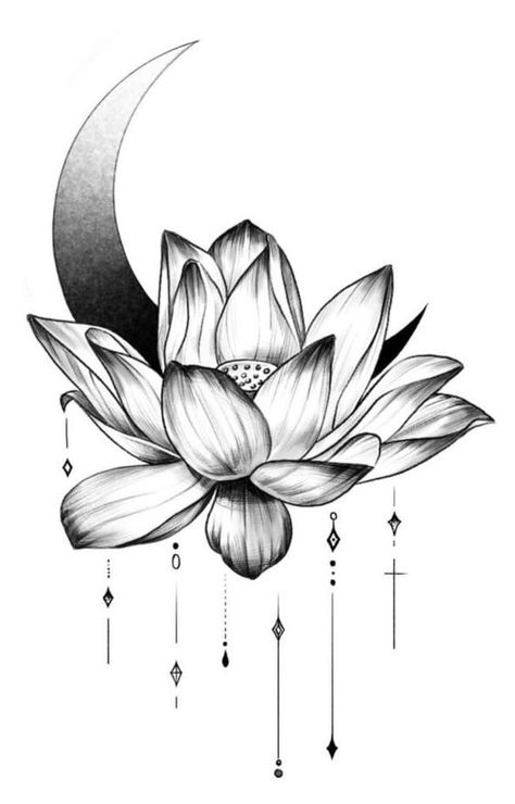 Thigh Lotus Tattoos Women, Color Lotus Flower Tattoo, Lotus Moon Tattoo, Moon And Lotus Tattoo, Heartless Tattoo, Lotus Flower Colors, Lotus Tattoo Meaning, Flower Neck Tattoo, Lotusblume Tattoo