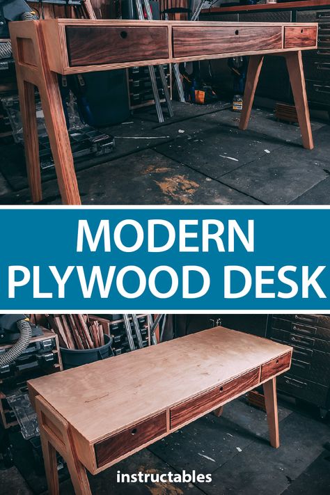 This midcentury modern plywood desk with 3 large storage drawers is a perfect project for anyone who appreciates simplicity combined with modern design. #Instructables #workshop #woodshop #woodworking #furniture #office Diy Wood Desk, Plywood Desk, Wood Table Diy, Desk Plans, Furniture Office, Diy Holz, Cool Woodworking Projects, Popular Woodworking, Wood Plans