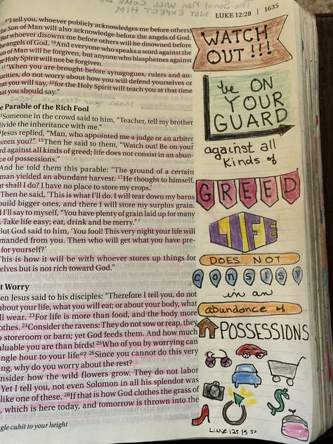 Luke 12 Bible Journaling, Luke Bible Journaling, Bible Drawings, Matthew Bible, Christian Ideas, Bible Drawing, Luke 9, Bible Journaling Ideas Drawings, Bible Doodling