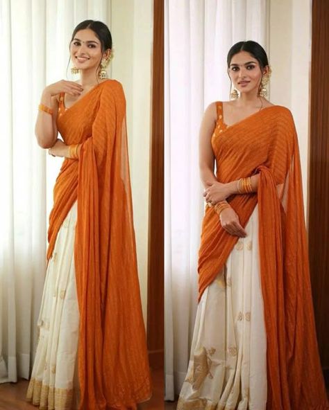 South Indian Dress, Onam Dress Ideas, South Indian Half Saree, Brown Closet, Onam Outfits Ideas, Onam Dress, Half Sari, Onam Outfits, Kerala Saree Blouse Designs