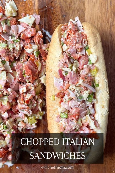 Chopped Italian Sandwiches Chopped Italian Sandwich, Vegan Broccoli Salad, Italian Sandwiches, Grilled Steak Salad, Baked Sandwiches, Italian Antipasto, Sandwich Sauces, Italian Sandwich, Italian Deli