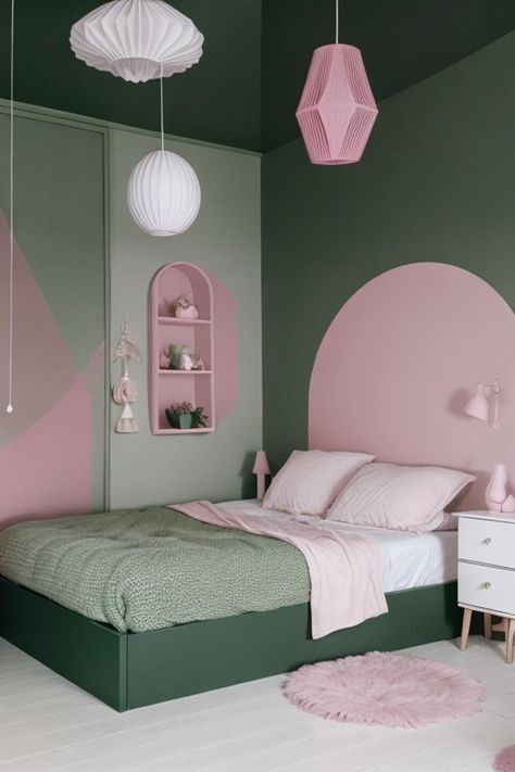 Green Bed Headboard, Bunker Bed, Mint Green Bedroom, Nordic Pastel, Mint Bedroom, Pink Accent Walls, Fall Bedroom Ideas, Pink Apartment, Childrens Bedrooms Design