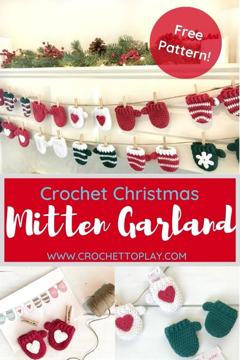 Need a free, quick crochet project for the Christmas season? This mitten garland works up easily and makes darling little mittens you can personalize with color, stripes, a heart, and a snowflake. Tuck something inside each one and use as an advent calendar or make just a few as gift toppers or tree ornaments.  #crochetmittengarland #freecrochetpattern Mitten Garland, Crochet Christmas Garland, Quick Crochet Projects, Mitten Ornaments, Crochet Garland, Crochet Xmas, Crochet Christmas Decorations, Crochet Ornaments, Crochet Mittens